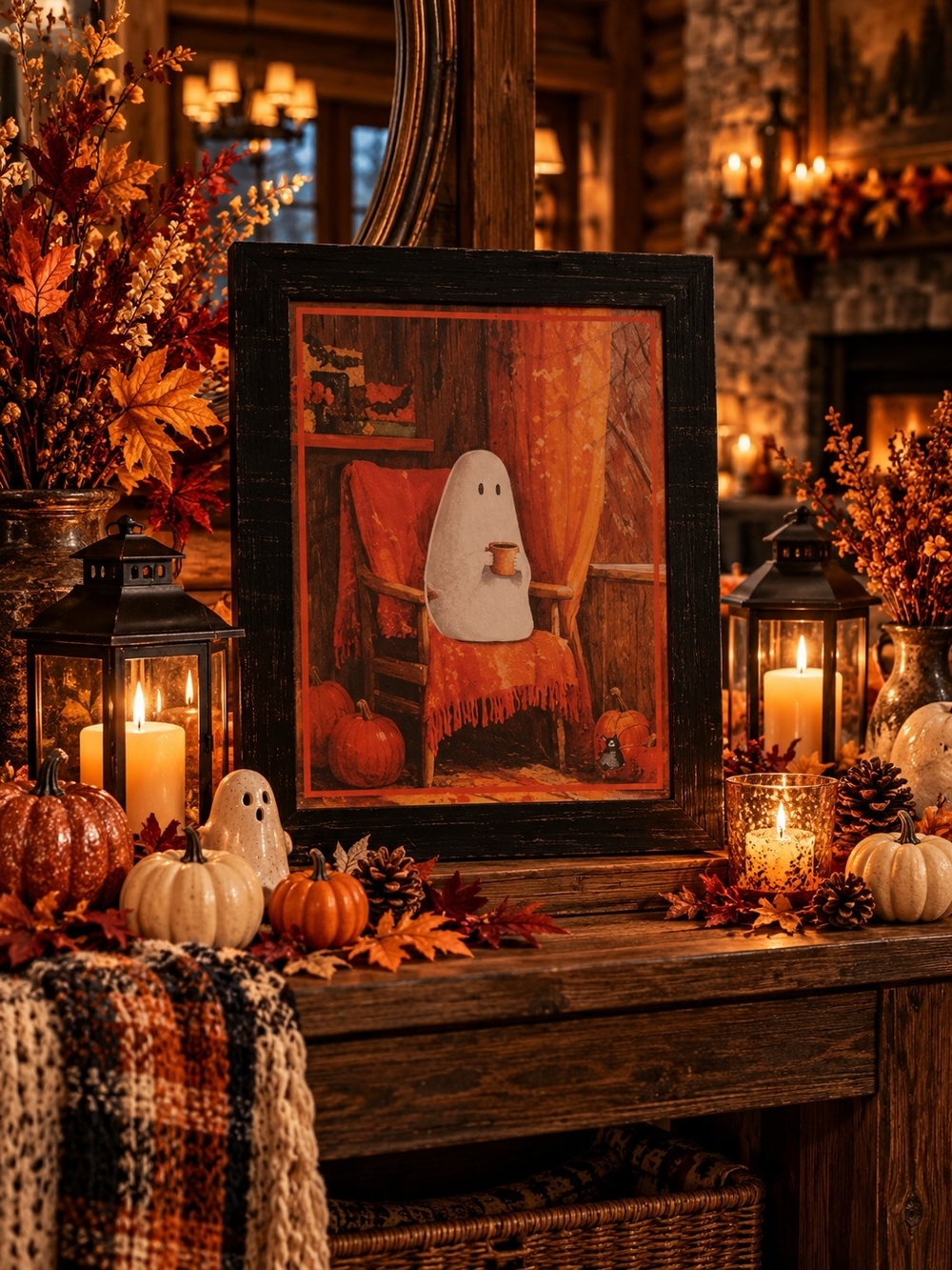 CityGirlxStyle Autumn Ghost Framed Art Print - Orange and Cream Fall Decor